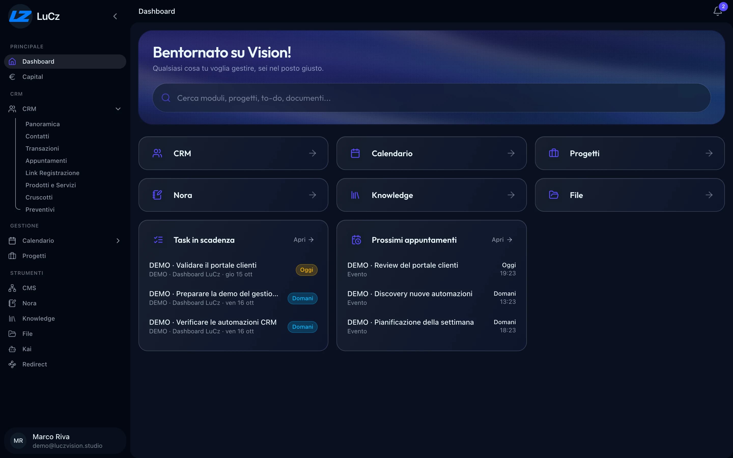 Dashboard online corrente di Vision su account demo, con sei link rapidi, tre task e tre appuntamenti dimostrativi