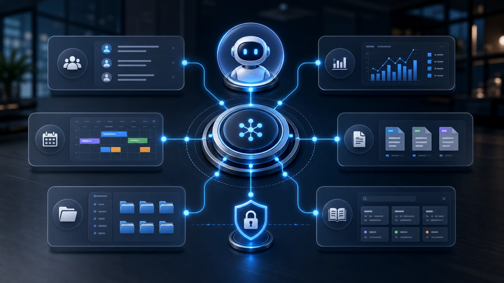 Diagram of an AI assistant connected through MCP to the modules of a business management system: CRM, finances, calendar and knowledge base.