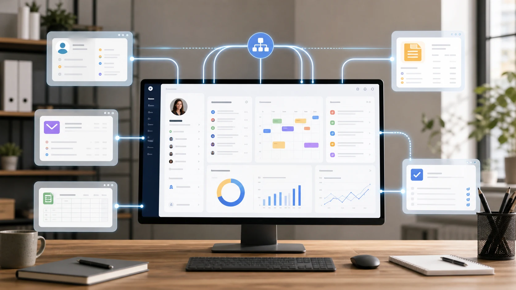A small business desk with a single dashboard that connects contacts, quotes, calendar and finances instead of five separate apps.