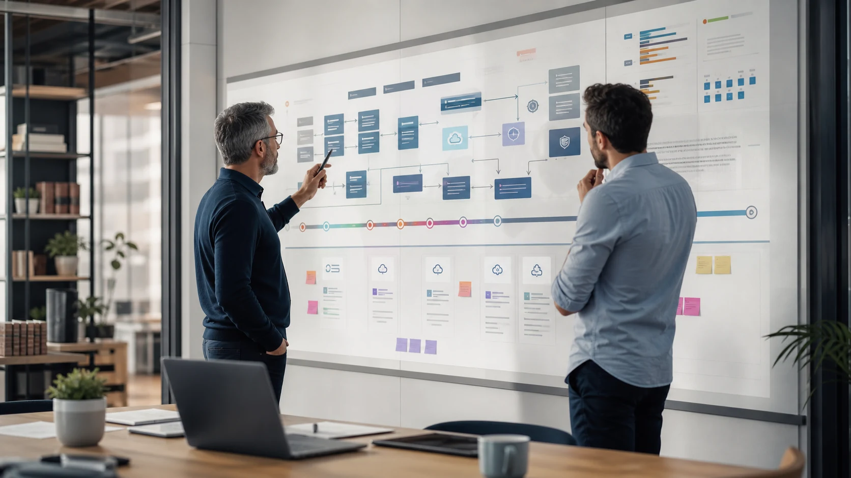 Strategy meeting with a technology roadmap for an SME and architecture decisions laid out on a whiteboard.