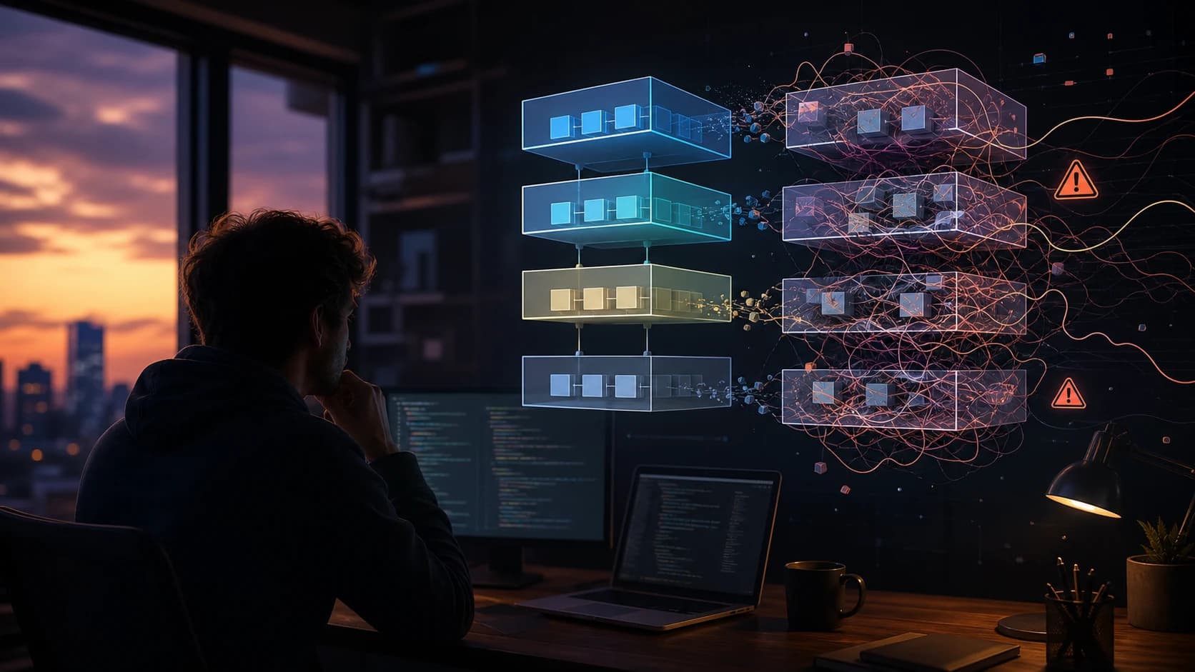 A developer in front of a screen showing AI-generated code, in dim light