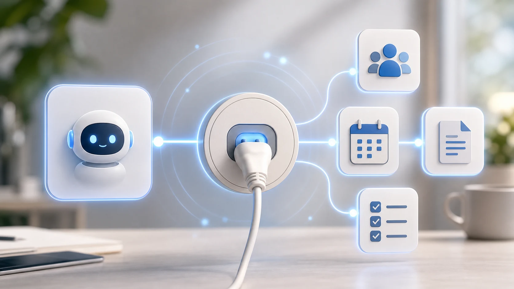 Illustration of a universal socket connecting an AI assistant to a company's work tools: contacts, calendar and documents.